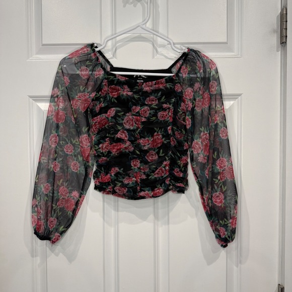art class Other - Art Class Girls Black Floral Mesh Ruched Long Sleeve Top Size M 7/8